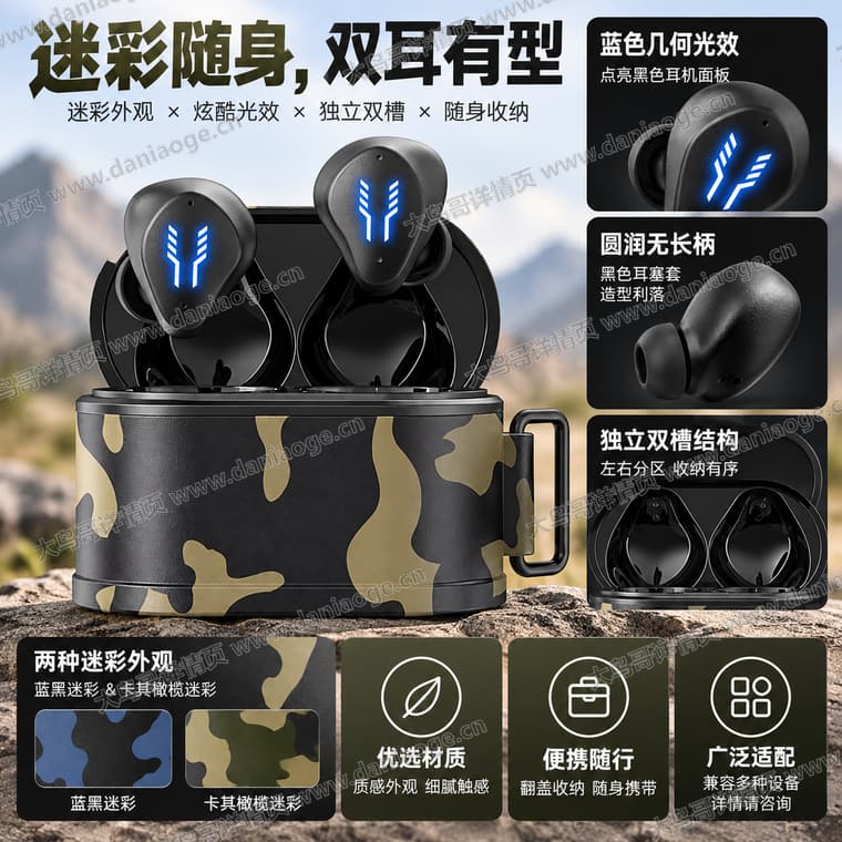 迷彩蓝牙耳机电商详情页交付图第3张