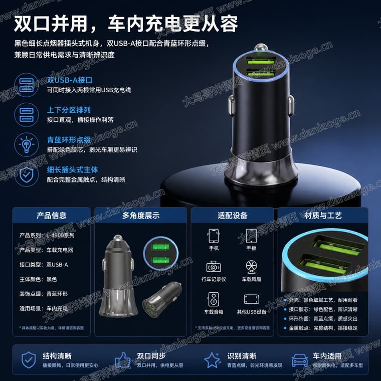 黑色双口车载充电器电商详情页交付图第3张